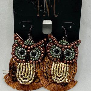 INC Gold Tone Bead & Stone Owl Earrings